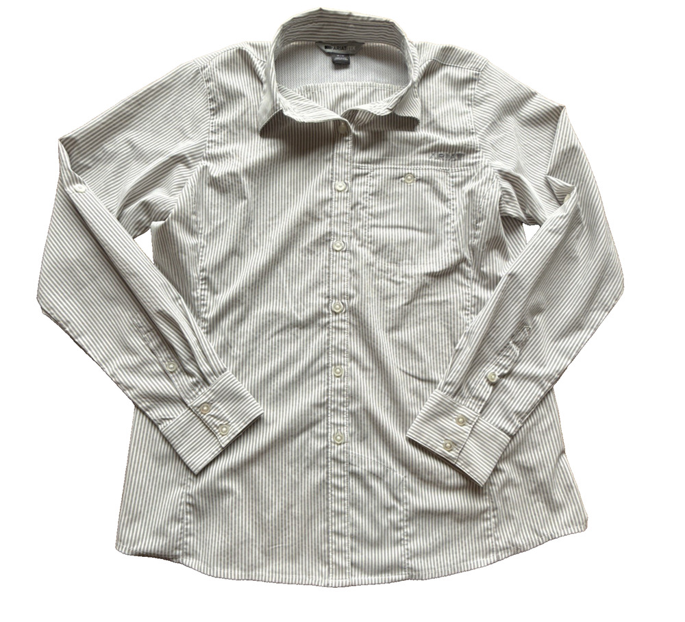 Ariat Tek Venttek long sleeved shirt L Gray White Railroad Stripe Womens Medium